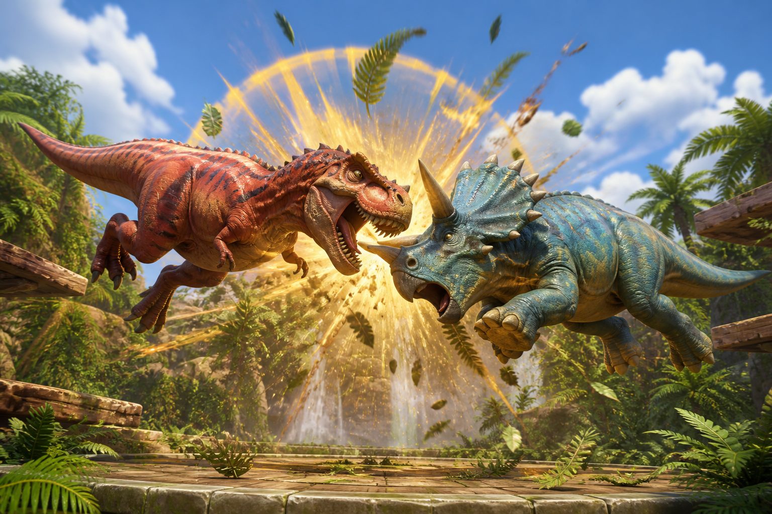 Two cartoon dinosaurs colliding with a gold shockwave in a jungle arena