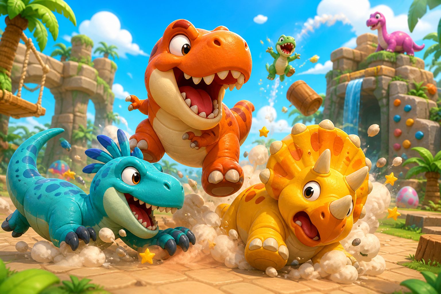 Colorful cartoon dinosaurs crashing together in a jungle playground
