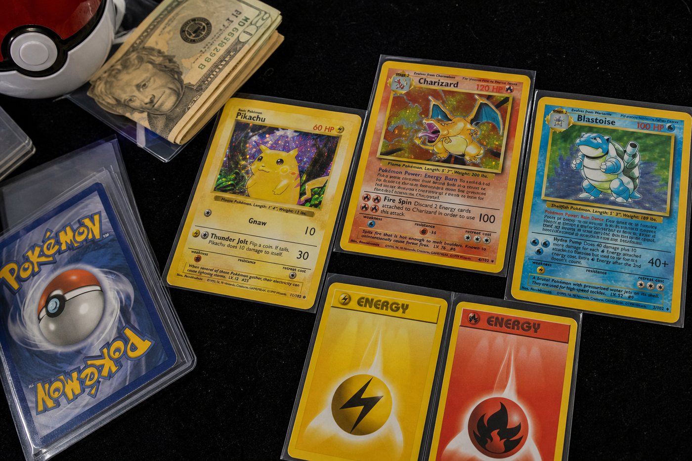 Pokémon TCG cards, energy, sleeves, and cash on a dealer table