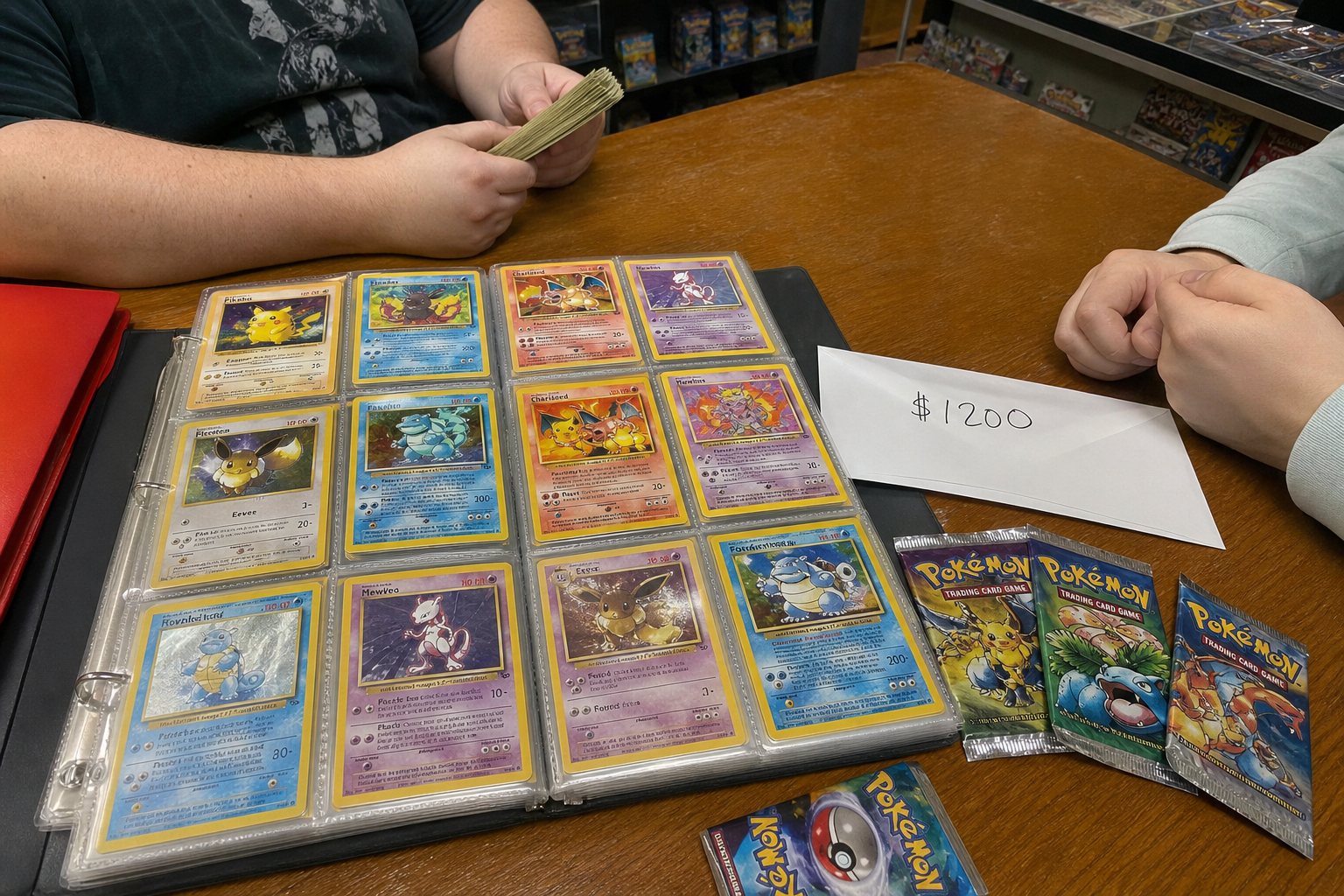 Two people at a shop table with a Pokémon TCG binder, sleeved cards, and a cash envelope