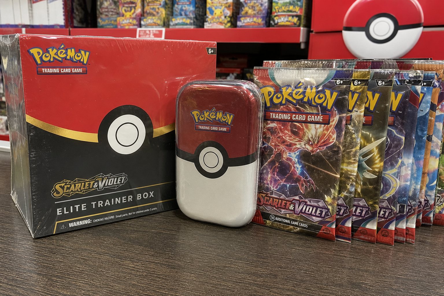 Pokémon TCG sealed boxes, tins, and booster packs on a shop counter