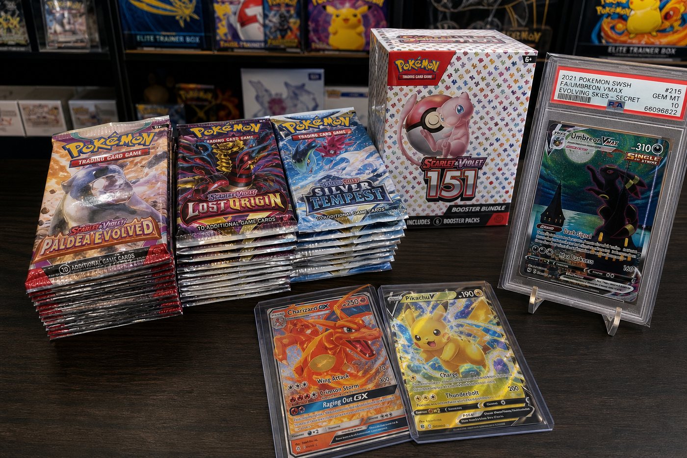 Pokémon TCG singles in a binder with toploaders and a graded slab